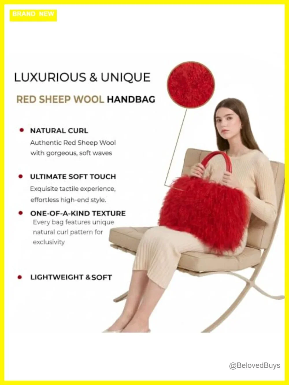 Luxury Real Lamb Fur Handbag with Genuine Leather Handles